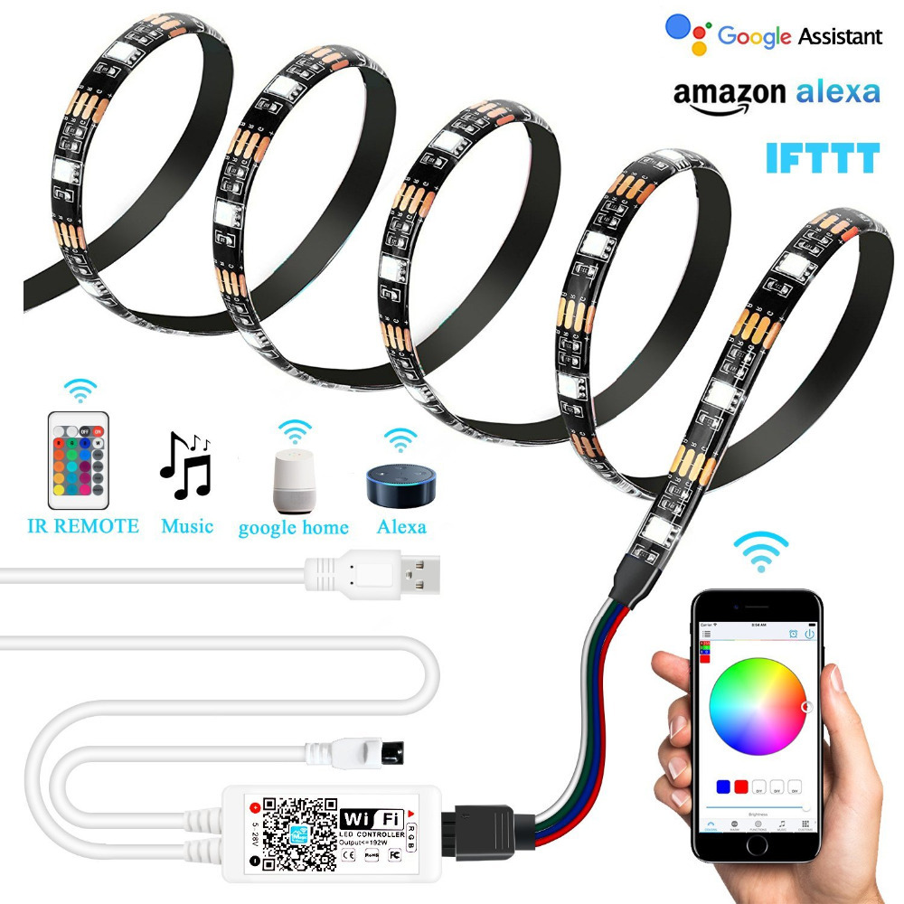 WIFI Smart Addressable LED Strip Lights Kit DC5V 60LEDs/m WS2811 Arduino Flexible LED Strip With USB Port, 24Keys RF Remote, Work With Amazon Alexa And Google Home Voice Control